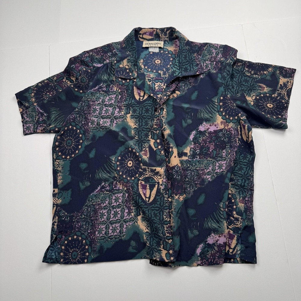Vintage Donnkenny Petite Shirt Womens L-XL Multi Color Abstract Button Up 90s